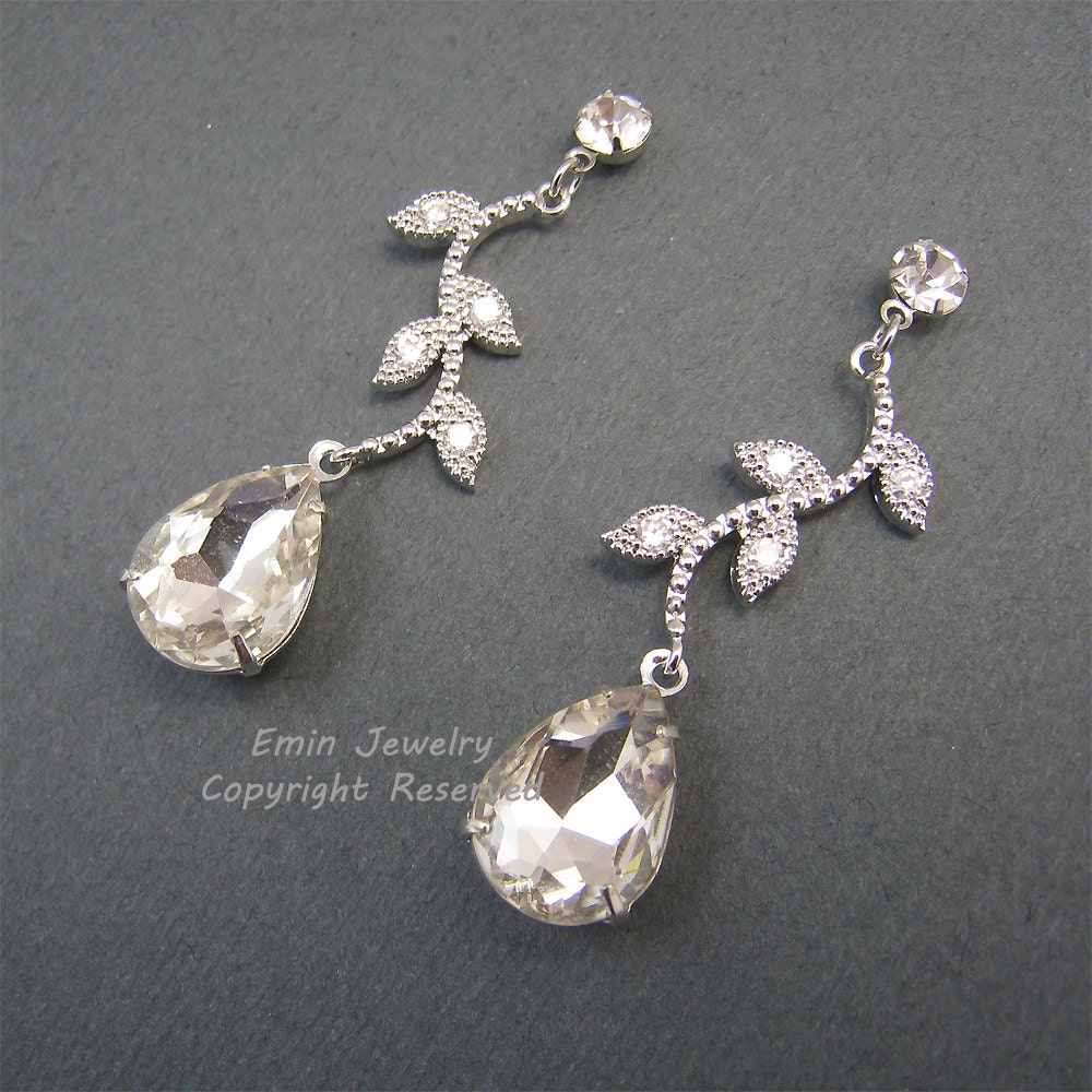 Rhinestone Wedding Earrings, Vintage Style Bridal EArrings, Leaves Teardrop Rhienstone Crystal Silver Stud EArrings, Bridesmaids EArrings
