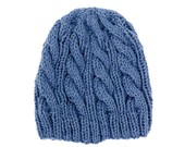 Hand Knit Cable Beanie Woman Hat - Alpaca Wool Blend Yarn - Deep Blue