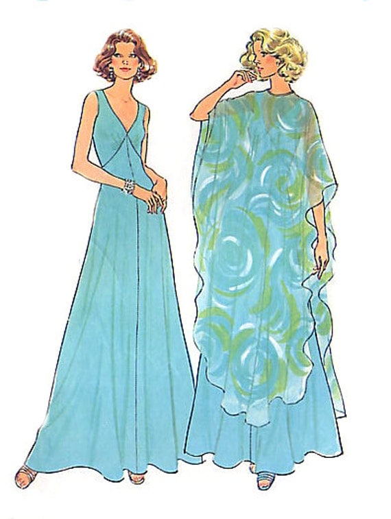 Vintage 70s Evening Dress Pattern - Simplicity 7183 - Raised Waist / V Neckline - Sheer Poncho - Size 18