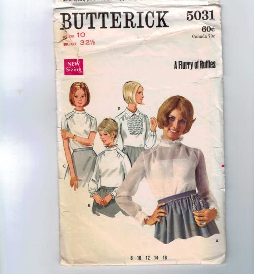 1960s Vintage Sewing Pattern Butterick 5031 Ruffled Mod Romantic Blouse Size 10 Bust 32 1/2  60s