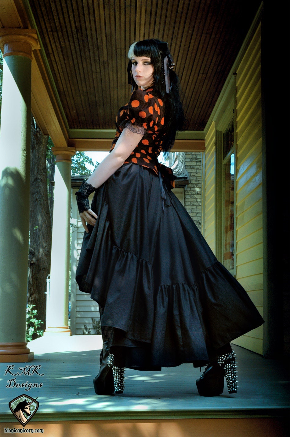 Steampunk Skirt with Bustle Pulls in Black Cotton- Custom to order