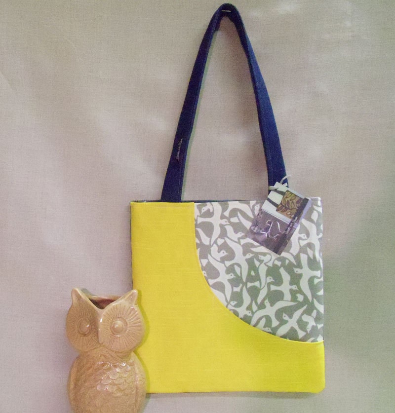 Yellow & Gray Fabric Purse with Bird Design Fabric