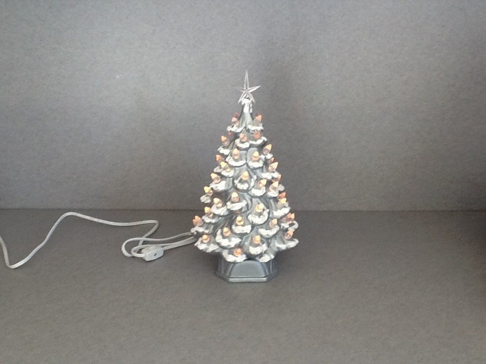 Silver with snow Vintage CHRISTMAS TREE  13 inches tall  silver lighted tree ( READY to ship)