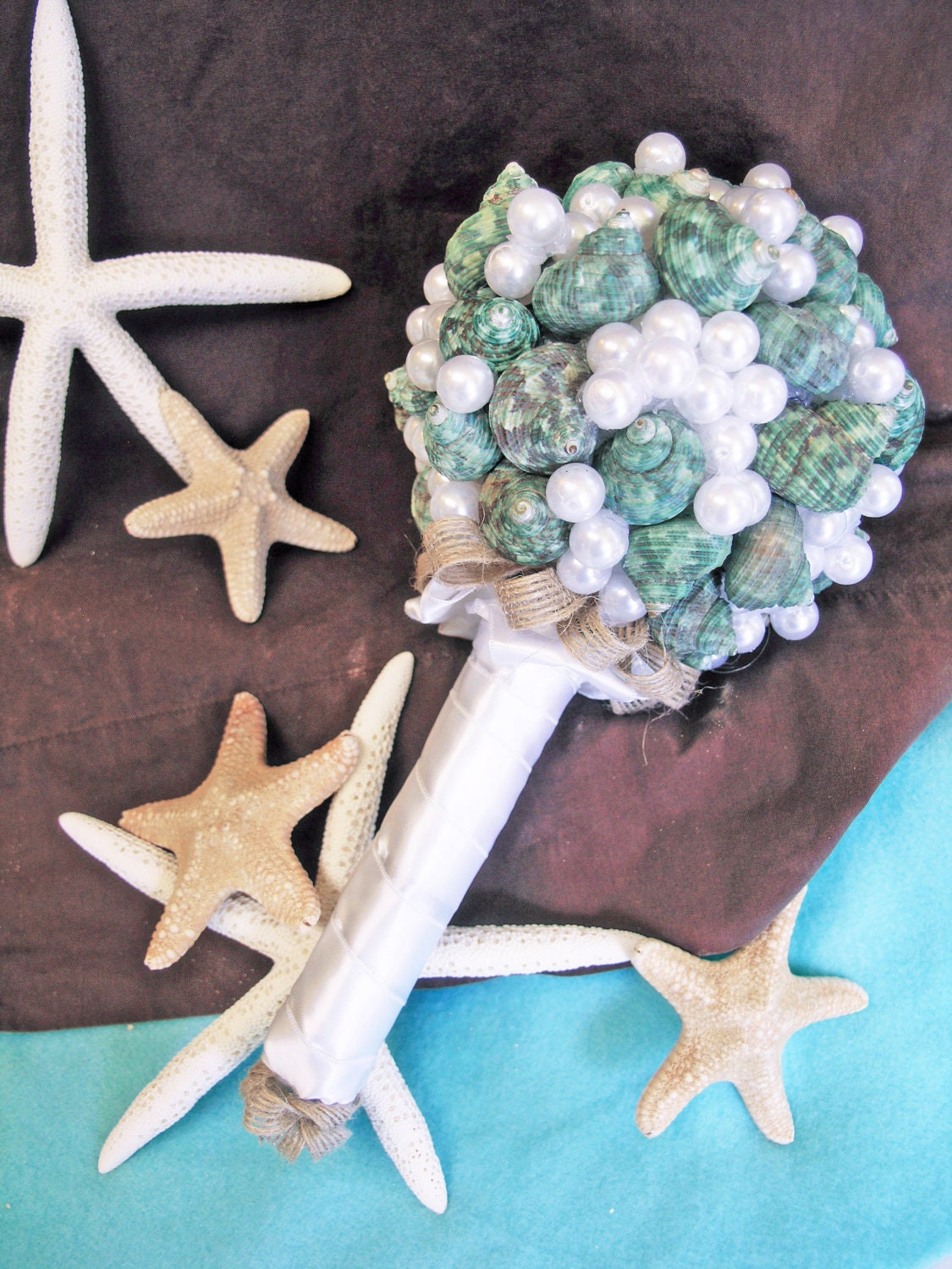 Teal Sea Shell Bridal Bouquet Pearl Beach Wedding Bouquet