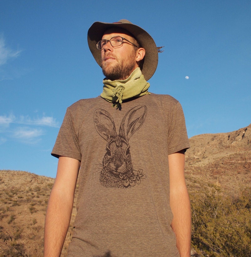 Brush Rabbit triblend tshirt - eco friendly brown ink screenprint on slim fit coffee crew neck - mens sizes XS, S, M, L, XL