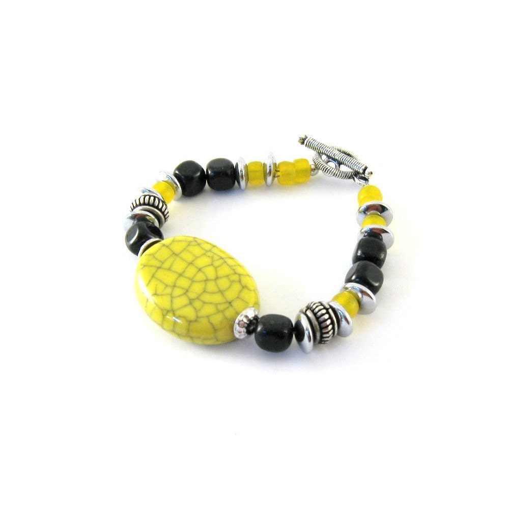 Yellow Black Bracelet Ceramic Bead Silver Beaded
