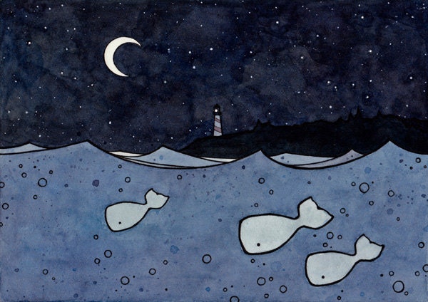 Illustration Whales and moon print 8x10