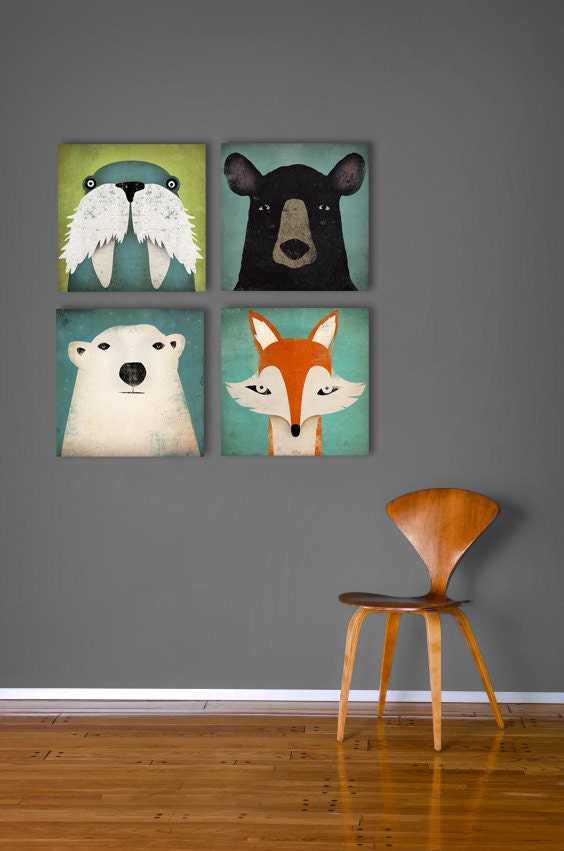 4 Native Vermont  12x12x1.5 Graphic Art Gallery Wrapped CANVAS wall art signed Fox, Polar Bear, Black Bear, Walrus by Ryan Fowler