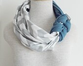 Half Braided Knot Scarf - Grey and White Chevron and Stone Washed Blue Jean