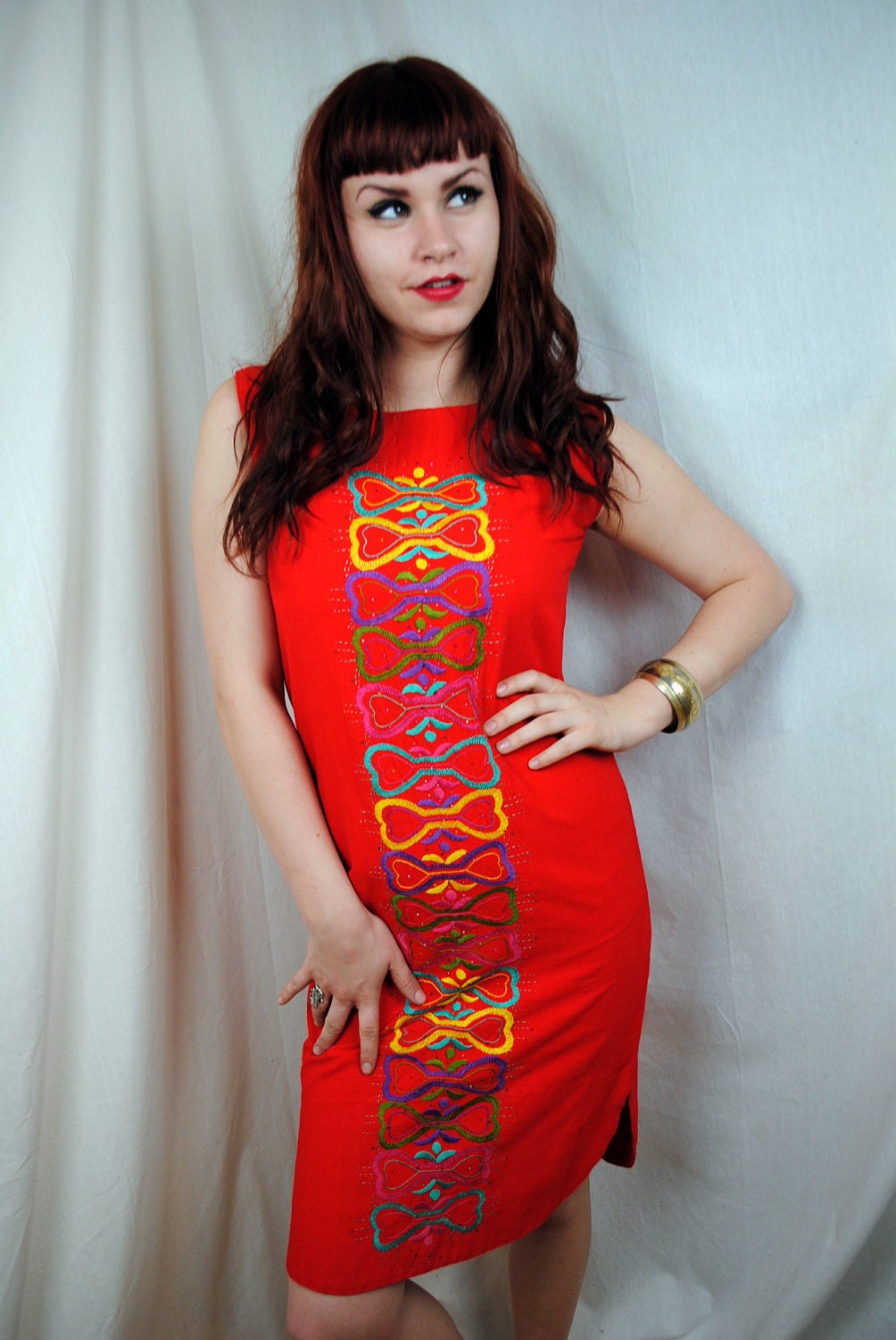 Vintage Rainbow Embroidered 1960s RARE Mexican Ethnic Dress by Nelly