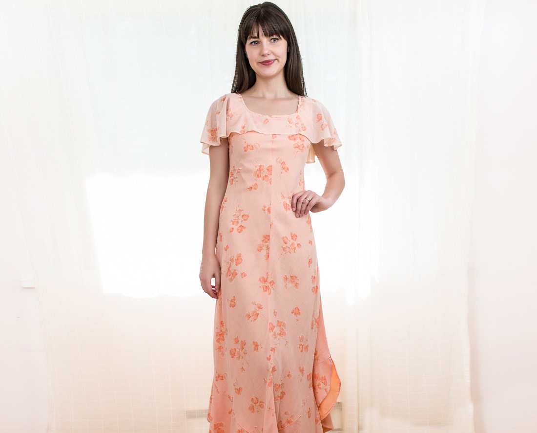 Vintage Peach Floral Dress - 1970s Maxi Dress - S