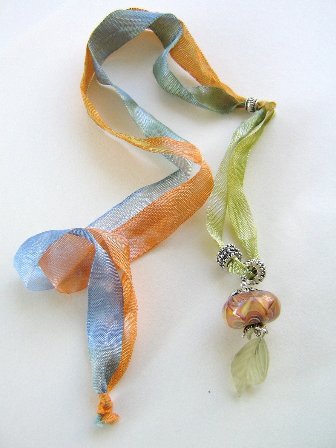 Pastel Peach and Green Ribbon Necklace - Handmade Boro, Glass leaf, Hand-dyed ribbon