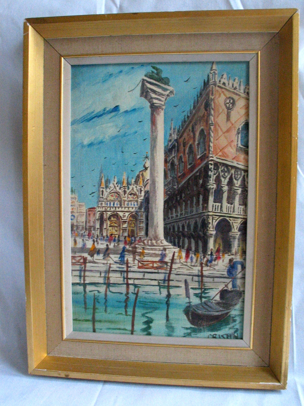 Vintage Oil Painting Venice Italy Cityscape Architecture canals boat 1950s 60s Vintage Painting