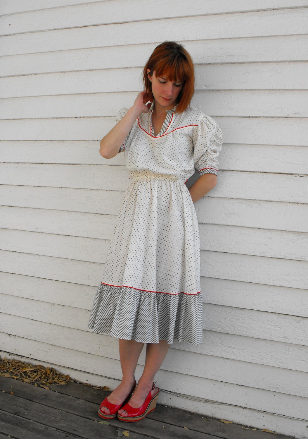 Vintage Dress Western Country White Print Prairie S