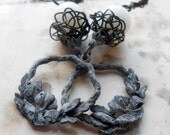 Beaded Metal Earrings - Handmade Wire Caps, Floral Rings, Vintage Milk Glass Beads - Rustic Assemblage Earrings