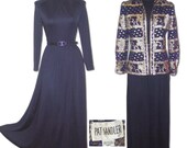 Vintage 70s PAT SANDLER Full Sweep Maxi Dress & Jacket S/M Gold Embroidered  Hostess Set
