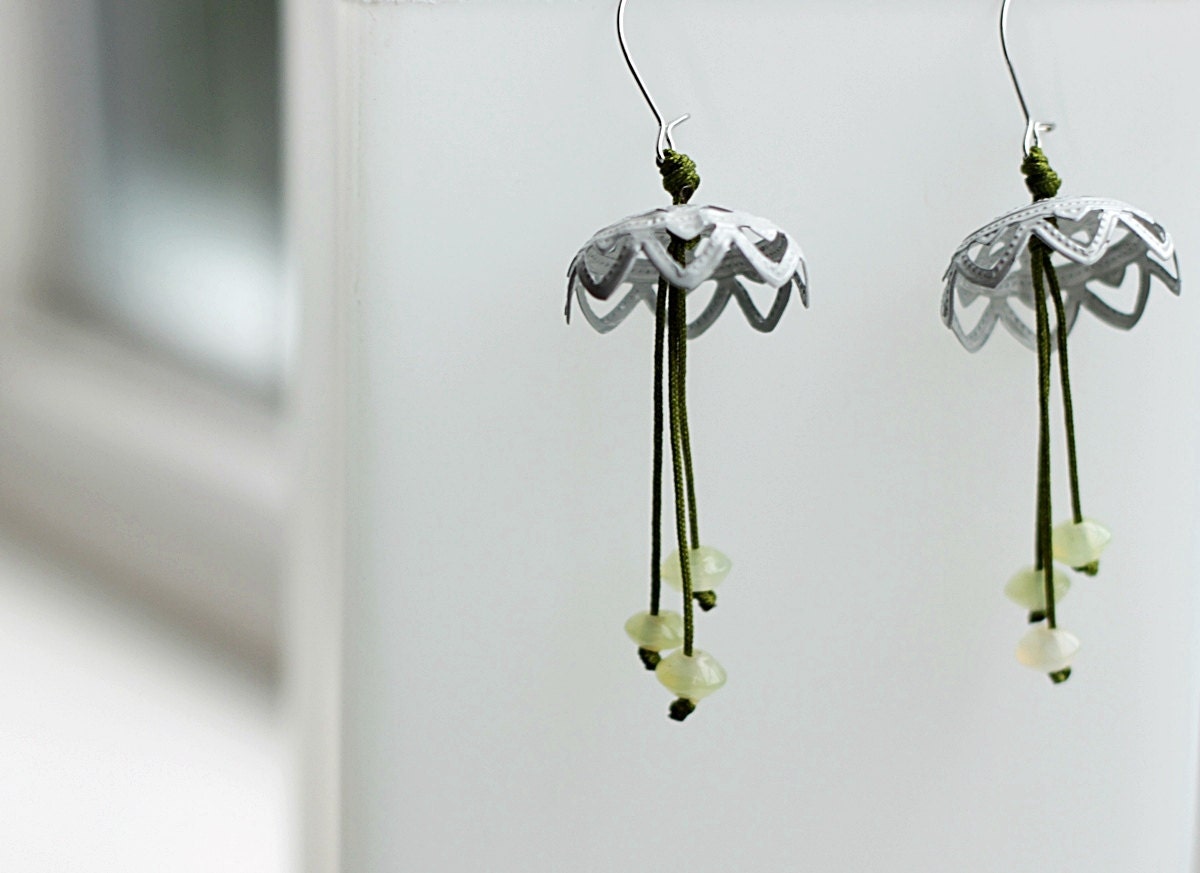 Mossy green and white dangle earrings- xmas green- statement - filigree- under 25