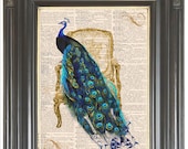 BOGO SALE Teal Peacock French chair printed as dictionary page art on 148 year old antique dictionary book page.  Item No. 494.