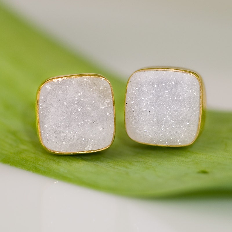 Druzy Earrings - White Drusy Earrings - Gold Stud Gemstone Earrings - April Birthstone Earrings Mother's Day Gift