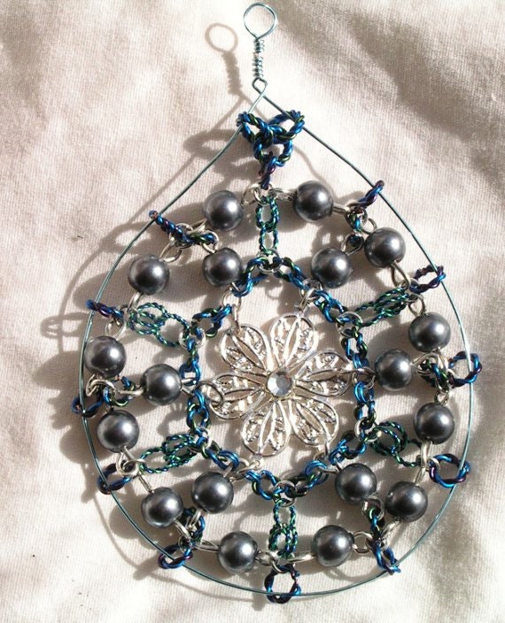 Blue and Silver Wire Work - Dream Catcher - Sun Catcher - Holiday Tree Ornament