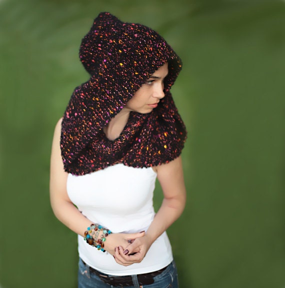 Knitting Scarf/ Hand Knit Wool Black Mohair Shawl and Hood with a Turtleneck/ gift/ autumn, winter, spring by Solandia