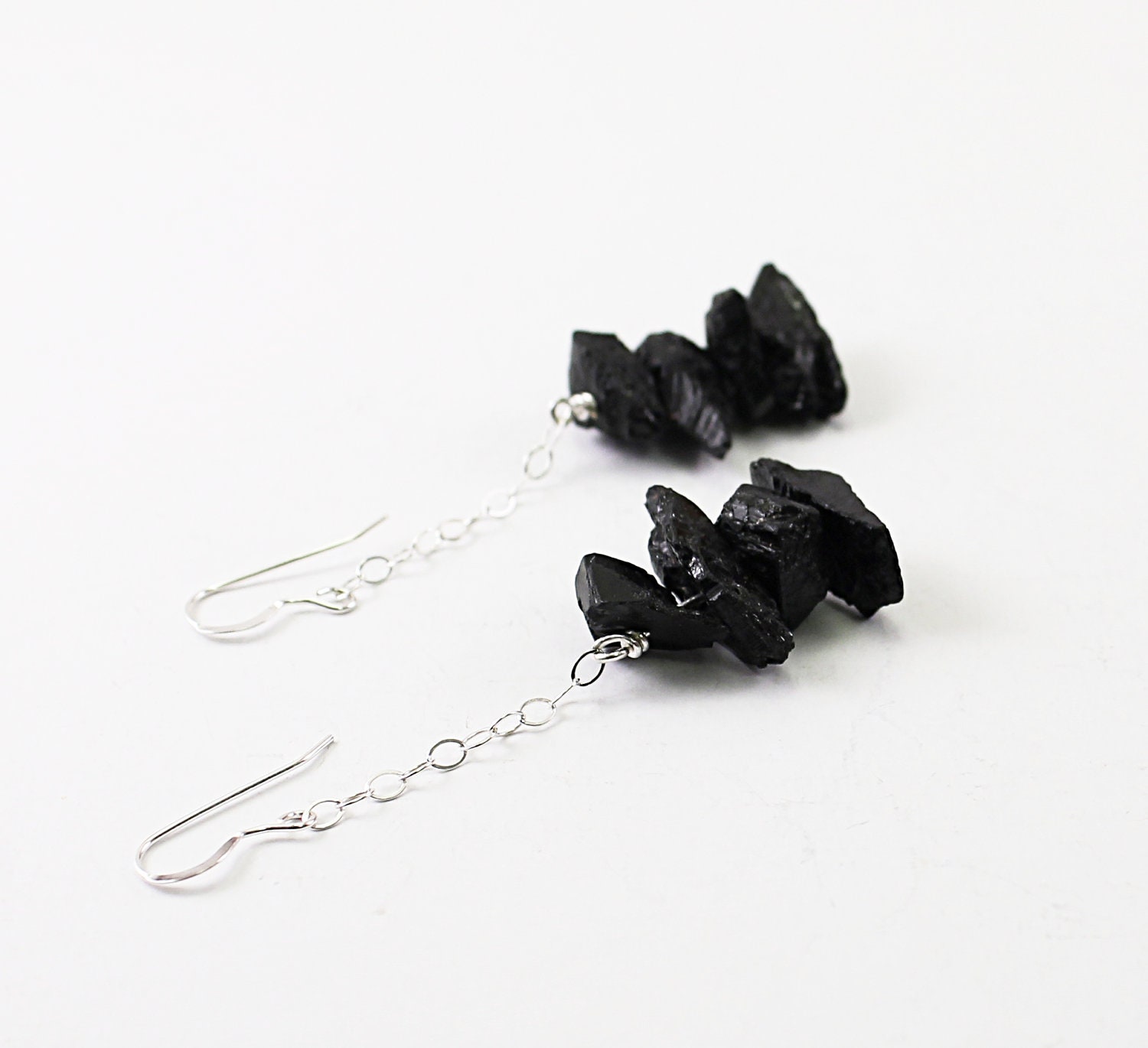 Black earrings silver chain long rough gemstone natural stone jewelry tourmaline raw gray sterling
