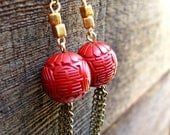 Chinese Engraved Red Gold Bronze Chain Dangle Earrings