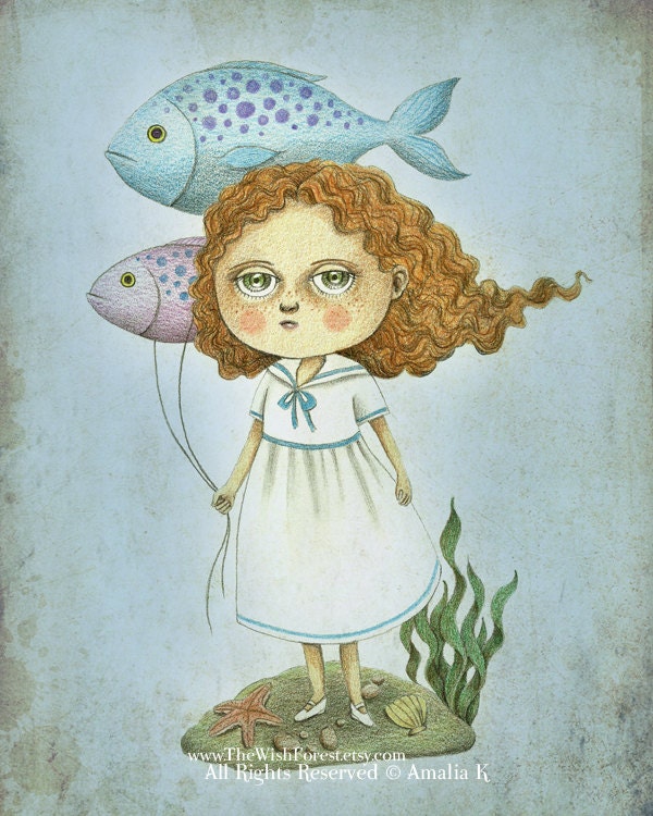 Cute Fish Balloons Whimsical Illustration, Repsroduction Digital Print, Children Nursery Art - Fish Balloons by Amalia K 8x10 inches