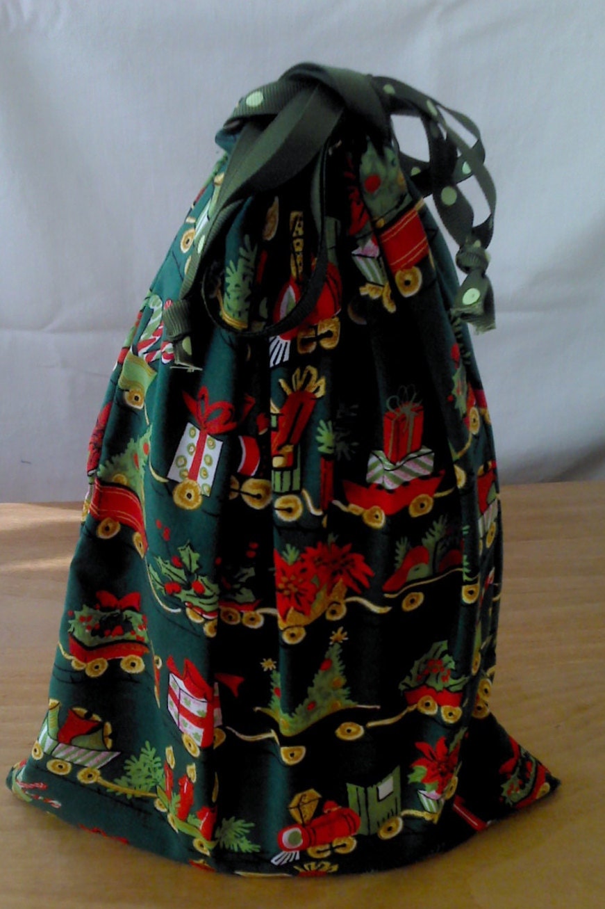 Toy Train Christmas Drawstring Fabric Gift Bag Upcycled, Reusable 9 1/2 X 12 Inches