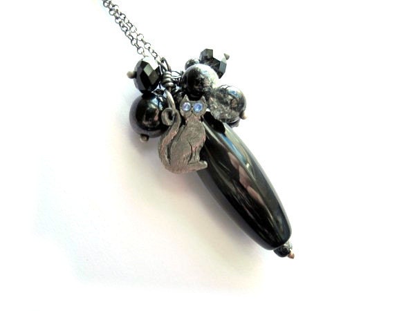 Silver cat pendant, hand made jewelry, metalwork and black, dark gemstones, dangle long - NurrgulaJewellery