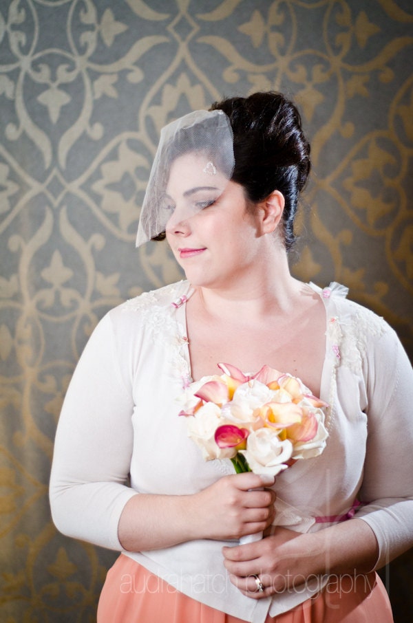 Erin - Vintage Wedding Sweater, Upcycled Rustic Chic Vintage Blush Knit Wrap Cardigan with Lace Buttons Ribbon and Tulle