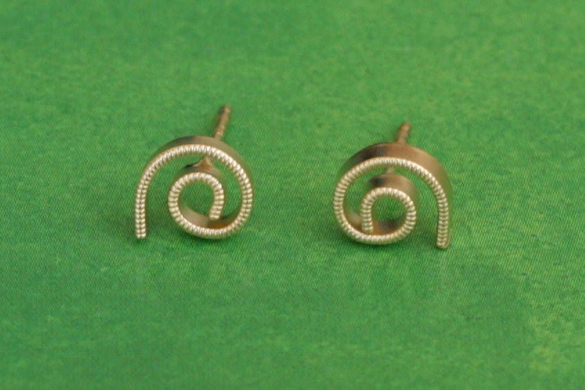 Tiny Gold Spiral Earrings, Small Golden Posts, At sign Studs- Handmade- Free Shipping