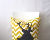 18 inch throw pillow cover, Deer antler Stag silhouette, chevron, yellow and white. Zigzag pattern, modern print. For indoor use.