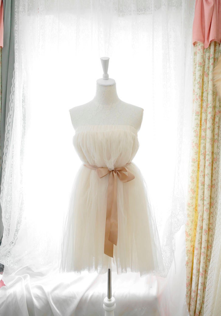Sweet heart fairytale ballerina style beige ivory cream  tutu tulle puff skirt /dress 2 way with gold champagne sash