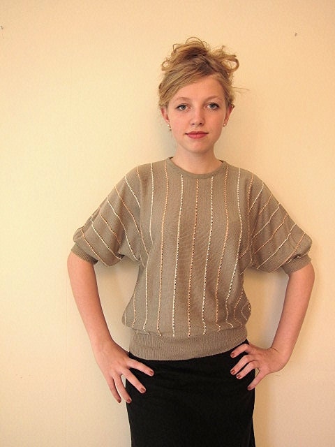 SALE Batwing sage green sweater with peach and white stripes