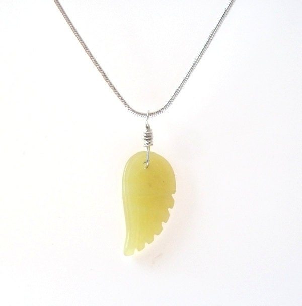Olivine Jade Carved Wing Argentium Silver Necklace - Yellow/Lemon Zest/Gifts Under 40/OOAK/Gemstone Jewlery/Woman's Jewelry