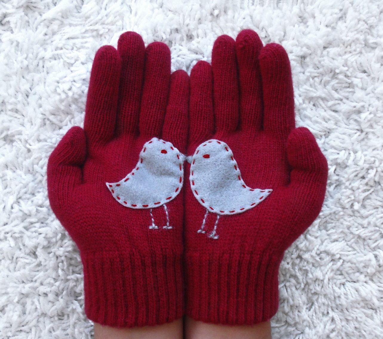 Handful of Love Birds, Red Gloves with Grey Felt Birds