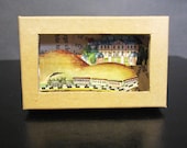 Small Box Diorama - Shadowbox with Recycled Book Pages - Train, Mountain, Mansion - Brown, Yellow, Pink, Blue, Green