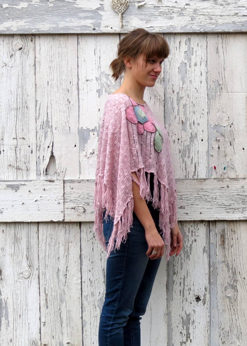 Pink Poppy Poncho upcycled fringed hippie poncho boho chic wrap eco friendly gift