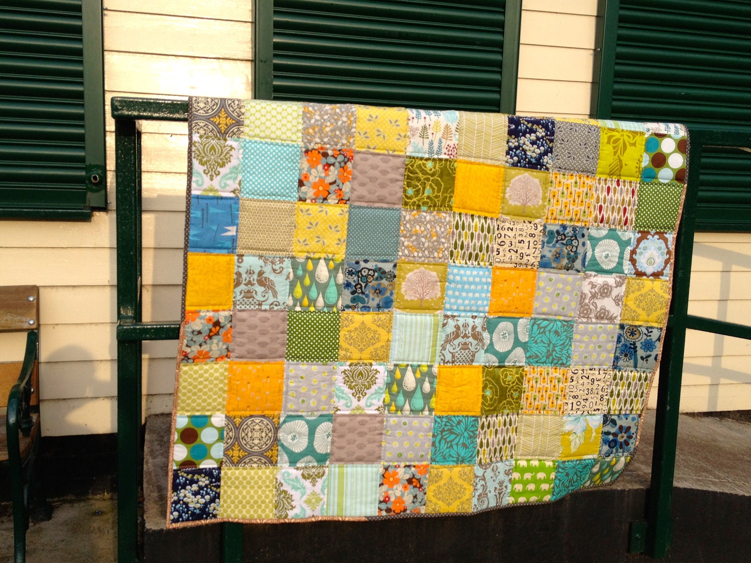 Modern Patchwork Quilt, Sofa Throw or Lap Blanket in Green Blue Yellow and Neutral