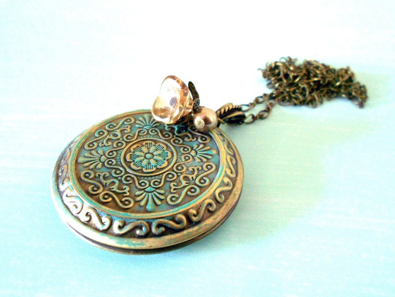 CLEARANCE Shabby Chic Patina Locket Necklace - Vintage Inspired Turquoise Antique Brass Medallion - Czech Flower Swarovski Pearl Trinkets