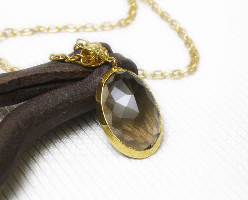 Beautiful Smoky Quartz Pendant and Gold Plated Chain Necklace