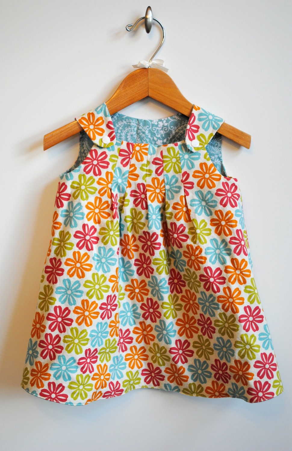 SALE Reversible Jumper Dress A-Line Bright Floral Paisley Cotton Fabric Girl Toddler Outfit Handmade Pleated Neckline Hawaiian Print Size 3T