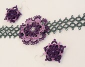 Tatting bracelet and earrings set in purple and green- Flower Lady in Purple - tatted lace bracelet and earrings  set