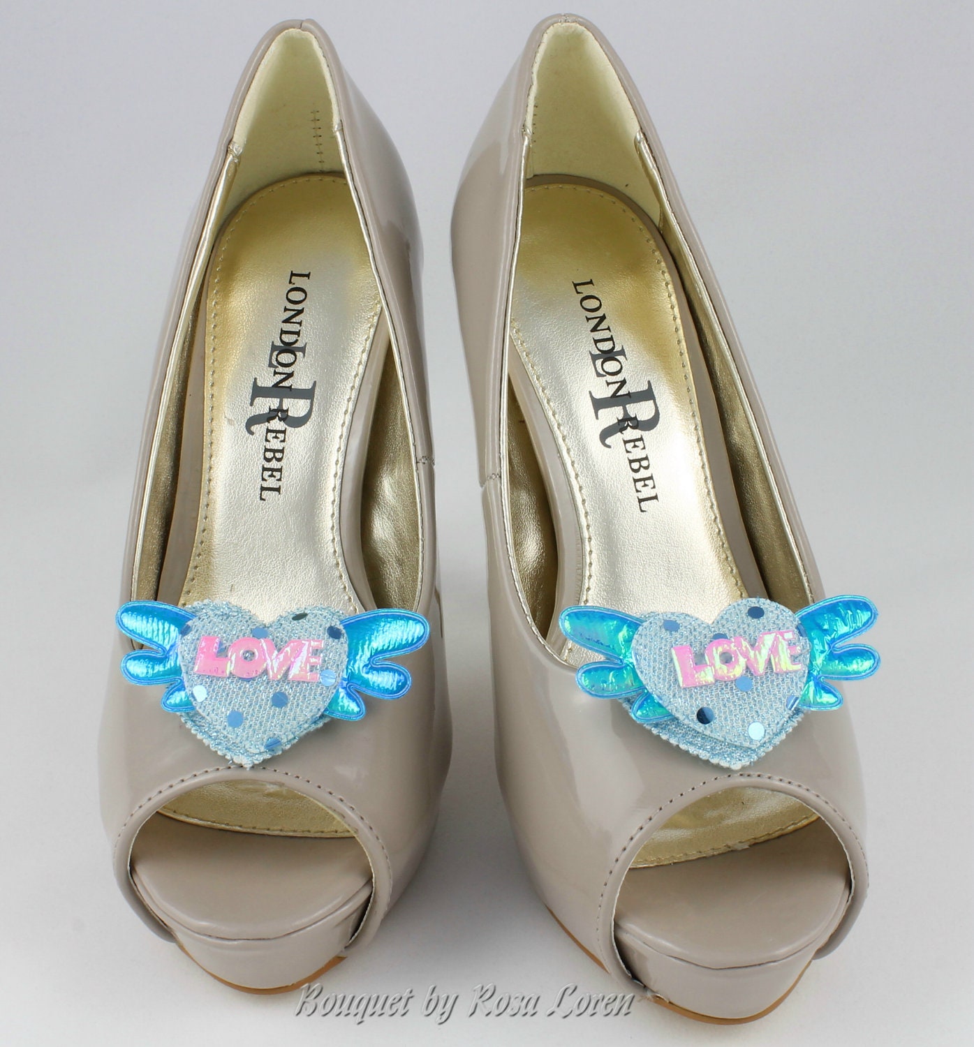 Blue Winged Love Heart Shoe Clip, Blue Heart Shoe Clips, Something Blue Wedding Accessories Shoes Clip, Blue Love Heart Clip Shoes
