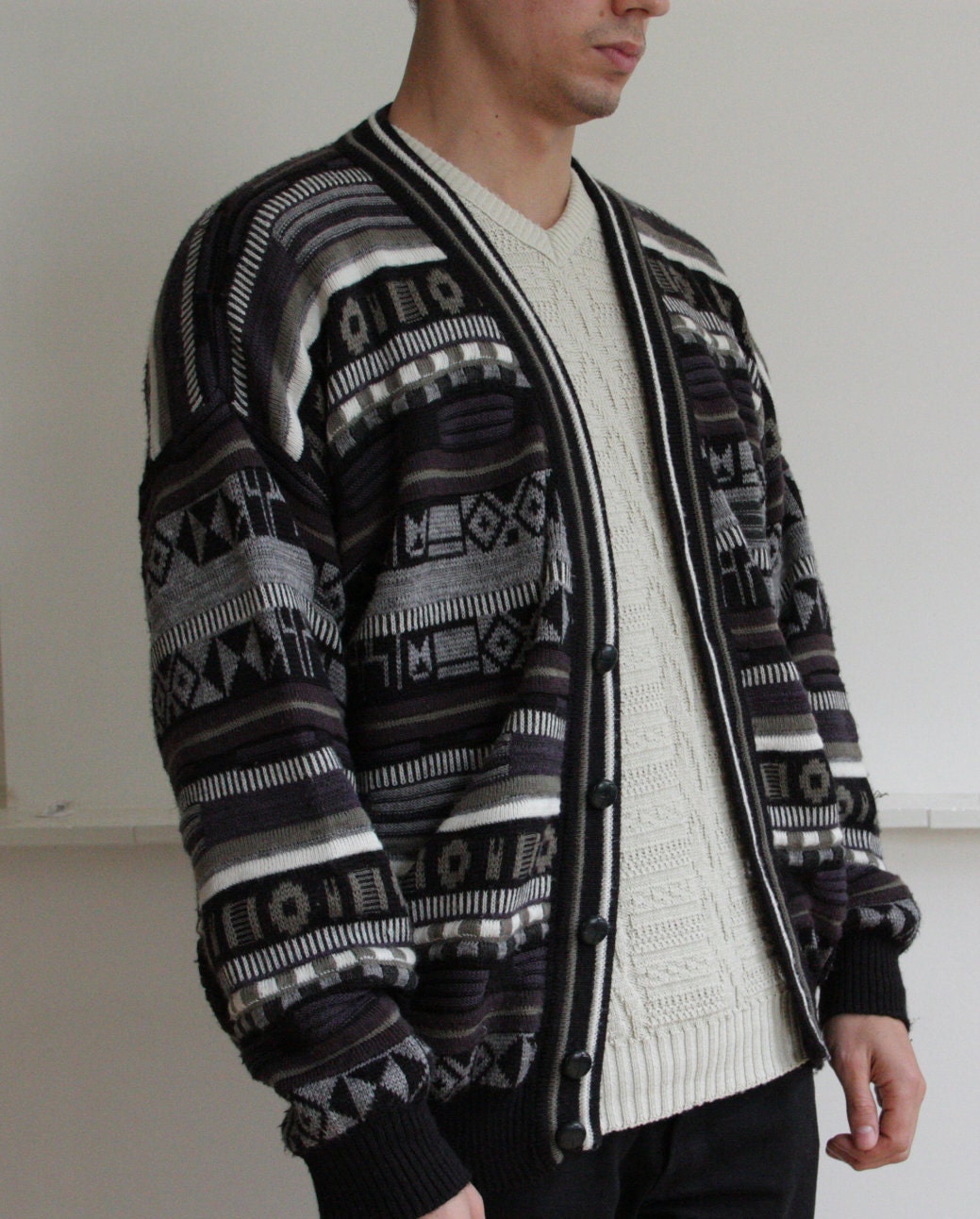 70s Vintage Unique Black & White Fair Isle Decorated Nordic Cardigan