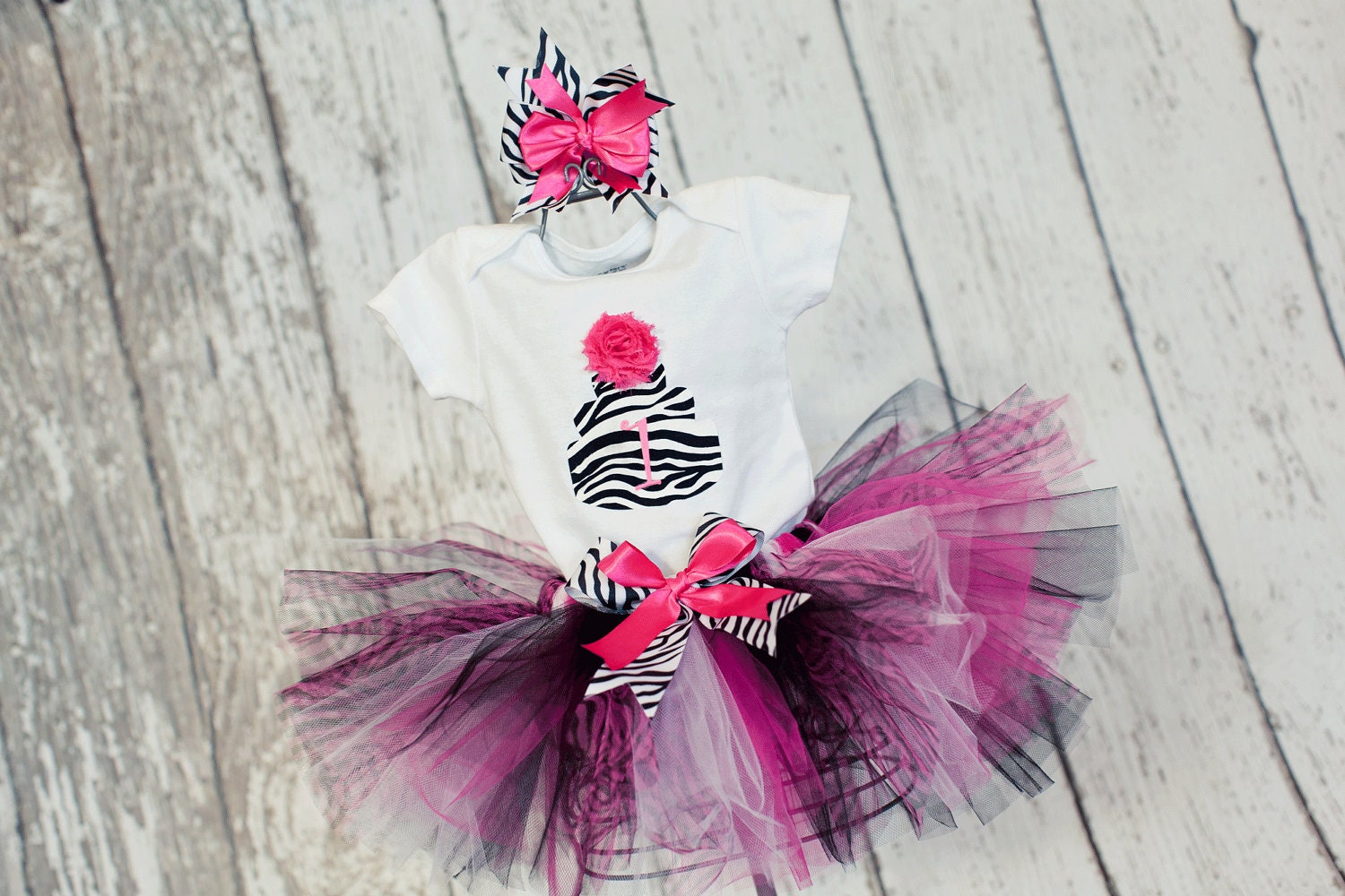 Baby Girl's First Birthday Outfit Sewn Tulle Tutu Set with White Shirt and Zebra Print Fabric Cake w/ Number & Headband - 9 month-4T