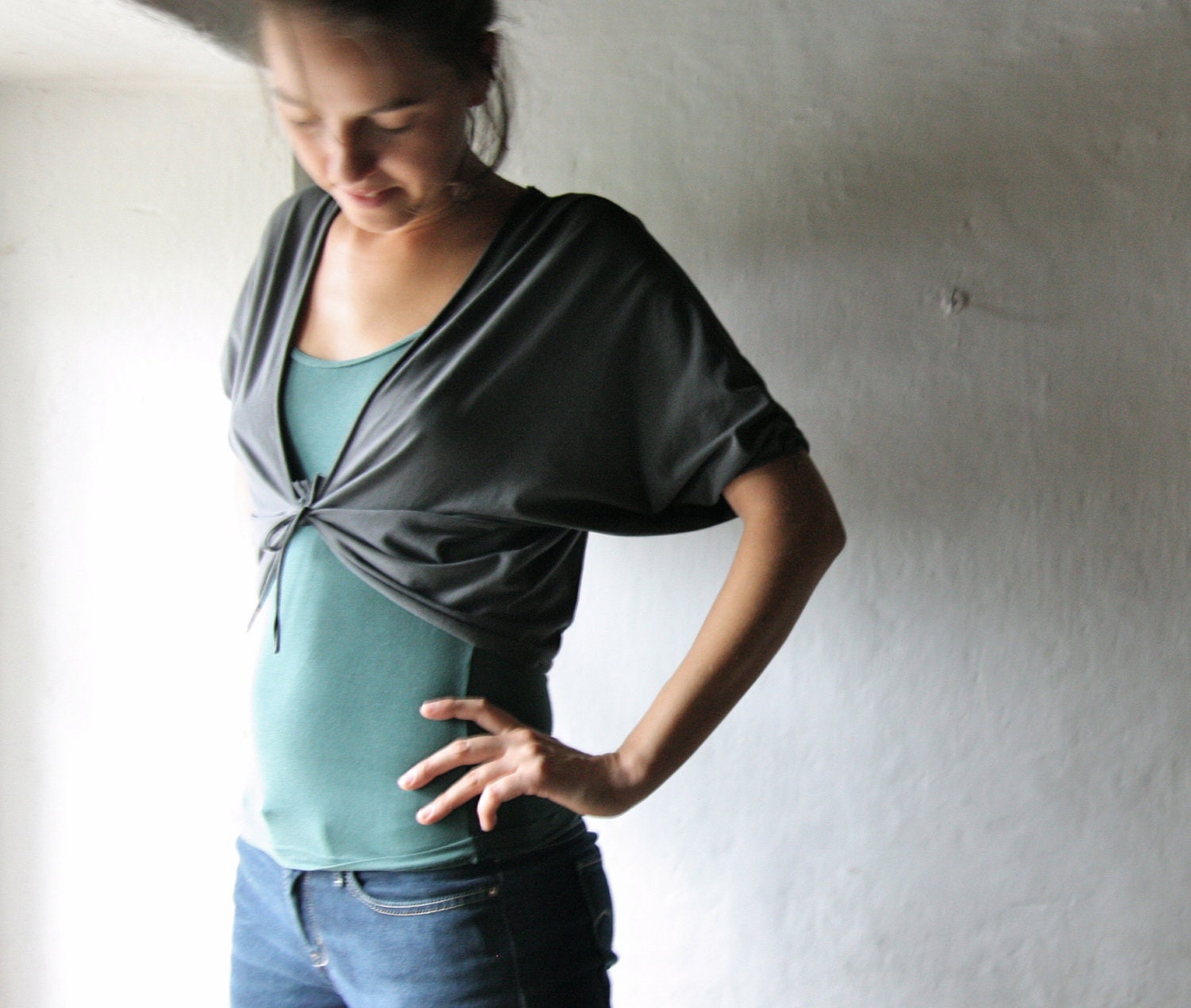 Grey Shrug - short sleeved cropped tshirt cardigan vest cotton jersey custom womens clothes