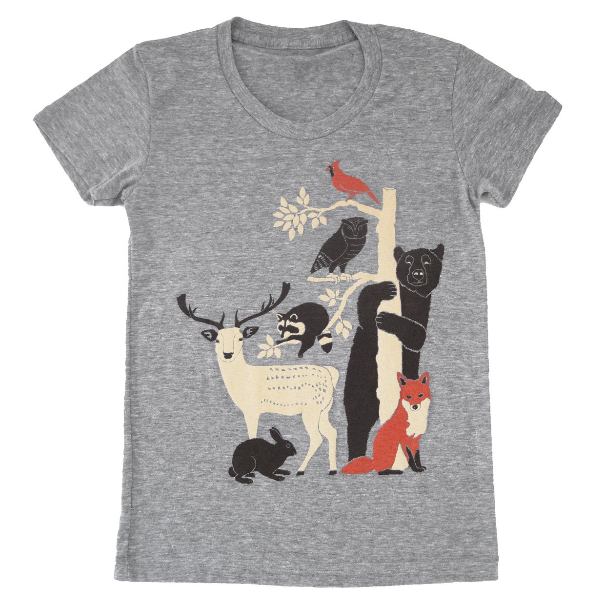 Forest Friends Womens Girls T-Shirt Gray Tee Shirt Deer Bird Fox Rabbit Owl Bear Raccoon Animals Nature Woodland Folk Retro Tree Grey Tshirt
