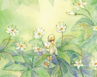 Fairy print, Fairy and Ladybug Reading Art, 8 X 10, Fairy Art,  print, emerald green